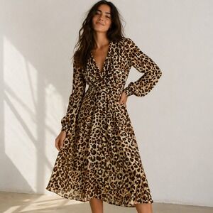 Zara Dress Womens Large Brown Leopard Print Maxi Long Sleeve V Neck Boho Chic